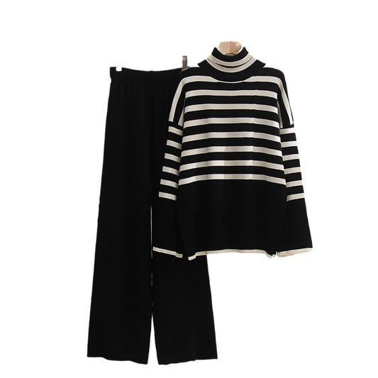 Striped Knit Turtleneck Sweater & Wide Leg Pant Winter Coord Set