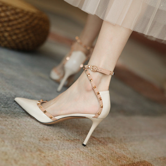 Burgundy Patent Leather Studded Ankle Strap Heels