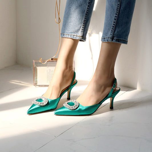 Korean Satin Rhinestone Slingback Mules High Heels