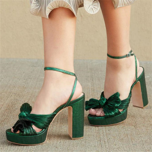 Satin Bow Block Heel Platform Sandals for Women