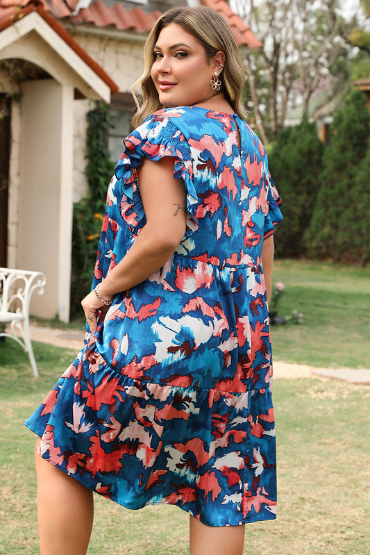 Blue Abstract Print Shirred Ruffled Short Sleeve Tiered Plus Size Mini Dress-Stellar