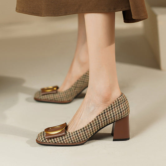 Houndstooth Block Heel Pumps – Brown Leather Buckle Detail