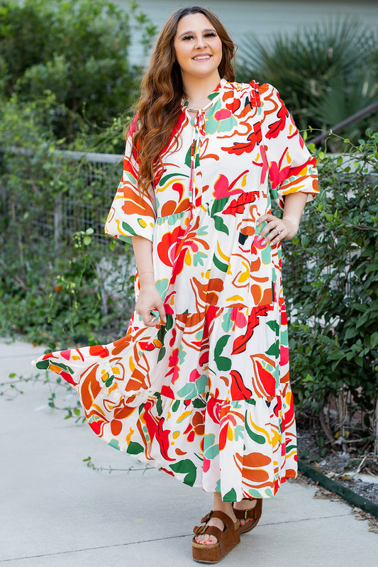 Orange Floral Print Drawstring V Neck Tiered Plus Size Dress-Stellar
