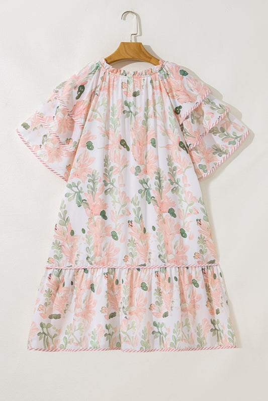 Pink Plus Size Floral Print Striped Detail Short Summer Dress-Stellar