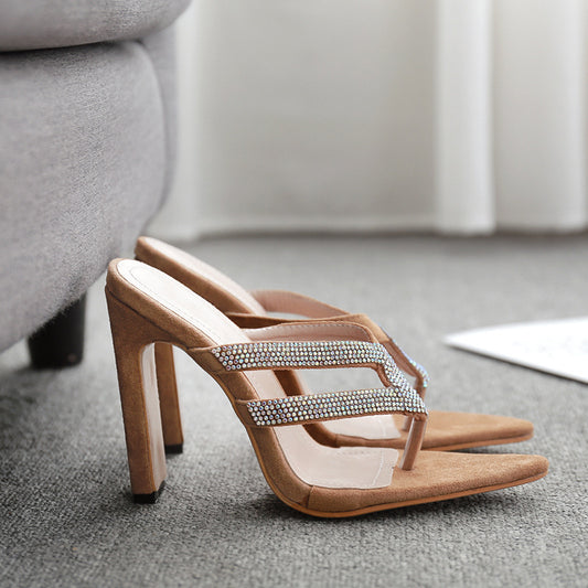 Pointed Toe Rhinestone Square Heel Sandals