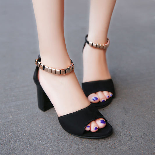 Korean Suede Block Heel Sandals with Gold Ankle Strap