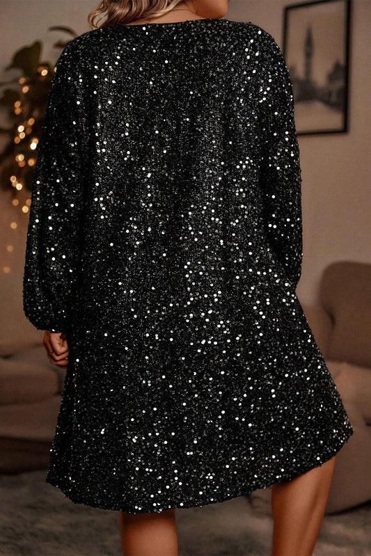 Color black Plus Size Bubble Sleeve V Neck Sequin Dress-Stellar