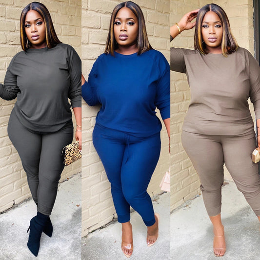 Women Solid Color Crew Neck Tunic Top and Jogger Winter Coord Set