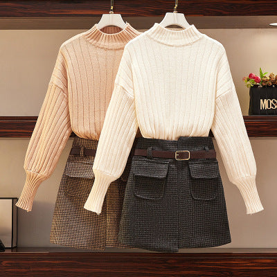 Ribbed Knit Sweater & Houndstooth Mini Skirt Winter Coord Set with Belt