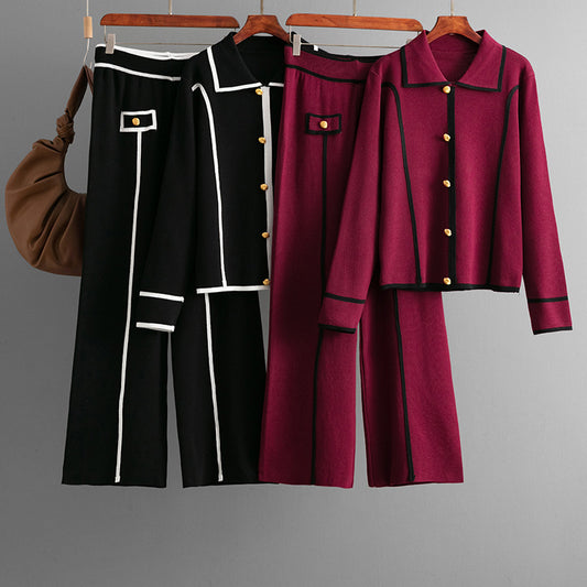 Elegant Contrast Piping Collared Sweater & High Waist Trouser Winter Coord Set