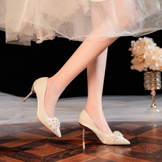Ivory Pearl Embellished Block Heel Pumps for Women