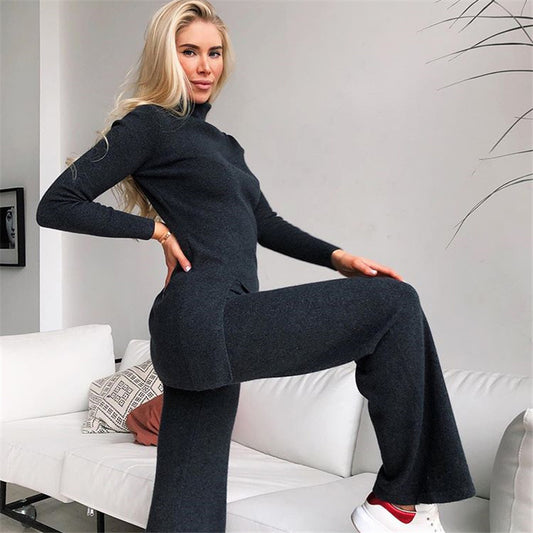 Mocha Knit Turtleneck Tunic and Wide Leg Pant Winter Coord Set