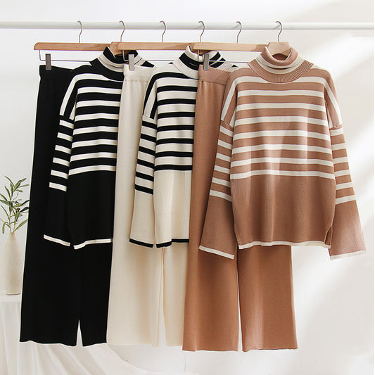 Striped Knit Turtleneck Sweater & Wide Leg Pant Winter Coord Set