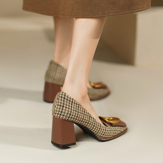 Houndstooth Block Heel Pumps – Brown Leather Buckle Detail