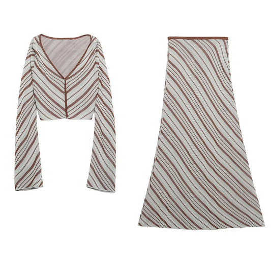 Retro Stripe Long Sleeve Top & High Waist Maxi Skirt Two-Piece Winter Coord Set