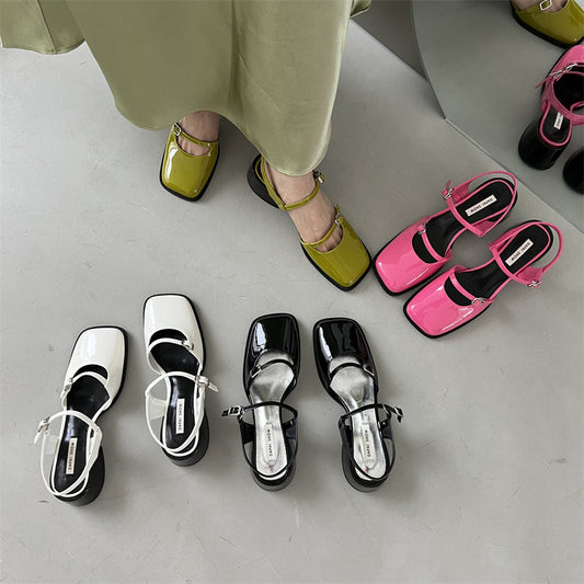 Black Leather Block Heel Mary Jane Shoes for Women