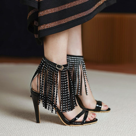 Fringe Stiletto Heels with Crystal Studs