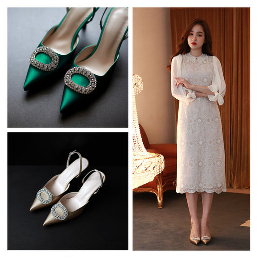 Korean Satin Rhinestone Slingback Mules High Heels
