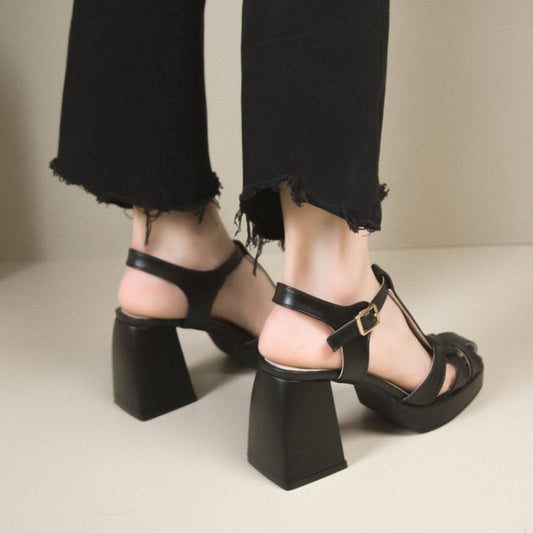 Black Block Heel Sandals for Women