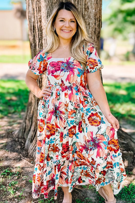 White Floral Square Neck Puff Sleeve Flowy Plus Size Midi Dress-Stellar