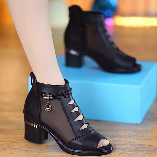 Black Peep Toe Block Heel Mesh Ankle Boots