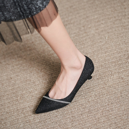 Black Glitter High Heels with Crystal Embellishment
