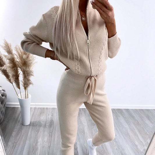 Cozy Cable Knit Full-Zip Cardigan and Drawstring Jogger Winter Coord Set