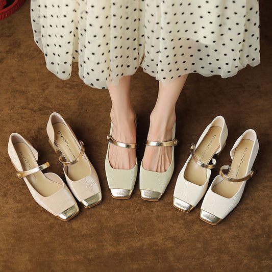 Ivory Block Heels with Golden Strap
