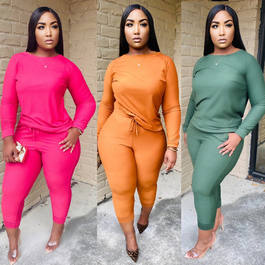 Women Solid Color Crew Neck Tunic Top and Jogger Winter Coord Set