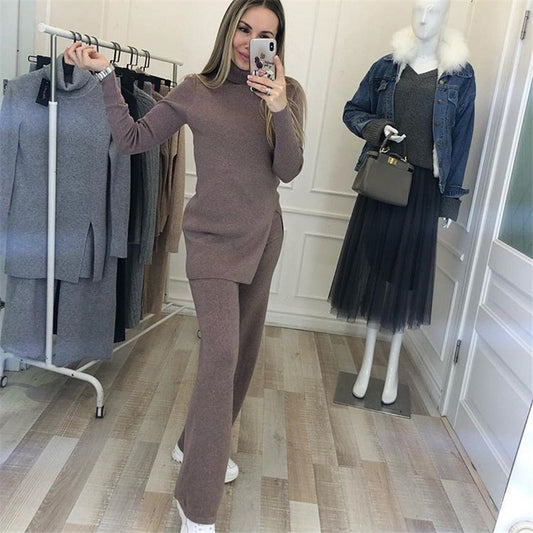 Mocha Knit Turtleneck Tunic and Wide Leg Pant Winter Coord Set