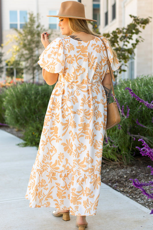 Apricot Floral Print Puff Short Sleeve Resort Plus Size Maxi Dress-Stellar