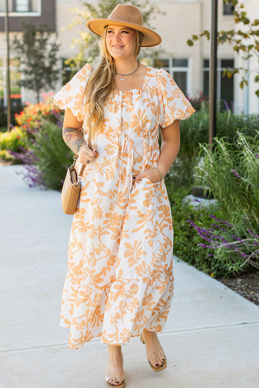 Apricot Floral Print Puff Short Sleeve Resort Plus Size Maxi Dress-Stellar