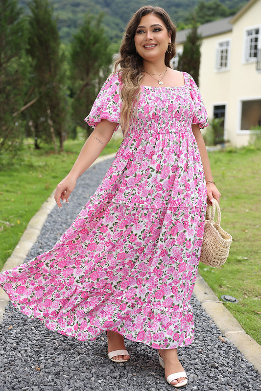Pink Plus Size Floral Print Smocked Puff Sleeve Dress-Stellar