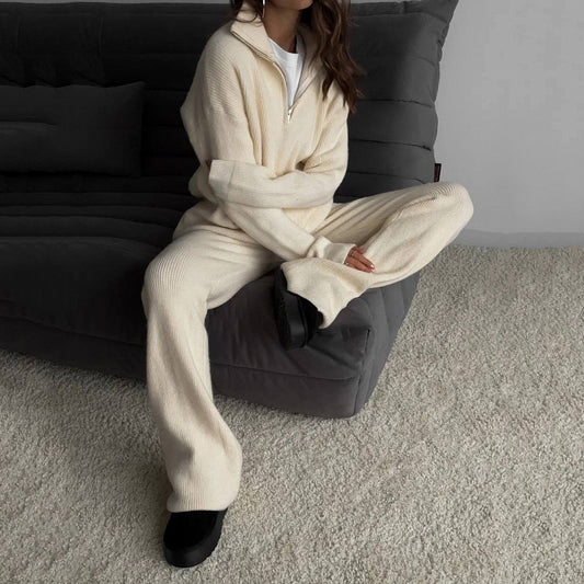 Cream High Neck Zip-Up Sweater and Trouser Winter Coord Set