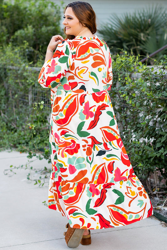 Orange Floral Print Drawstring V Neck Tiered Plus Size Dress-Stellar