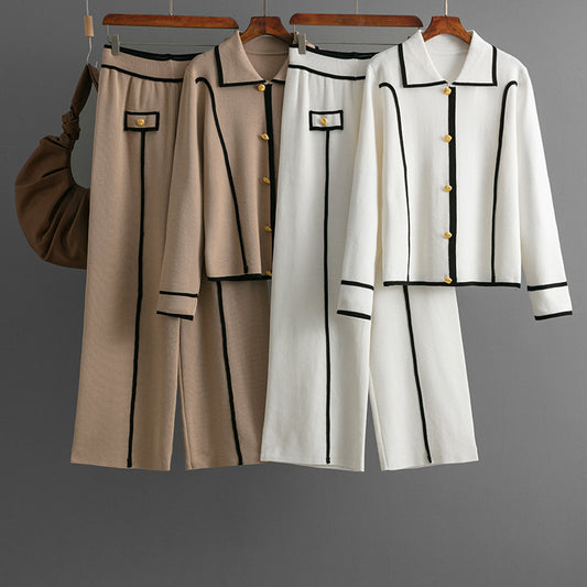 Elegant Contrast Piping Collared Sweater & High Waist Trouser Winter Coord Set