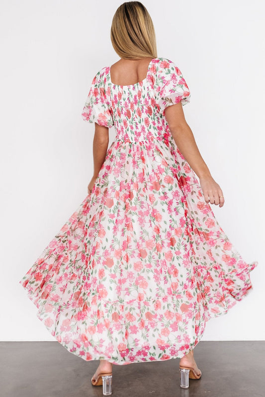 Pink Plus Size Floral Square Neck Puff Sleeve Ruffle Maxi Dress-Stellar