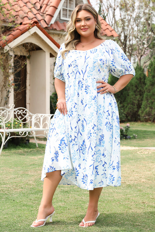Sky Blue Floral Print Sweetheart Neck Plus Size Midi Dress-Stellar