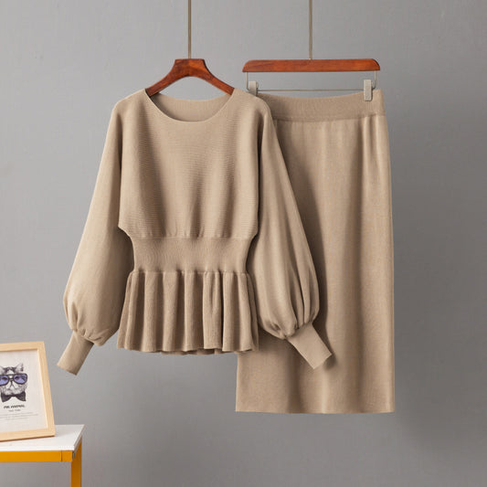 Elegant Peplum Hem Knit Sweater and Midi Skirt Winter Coord Set