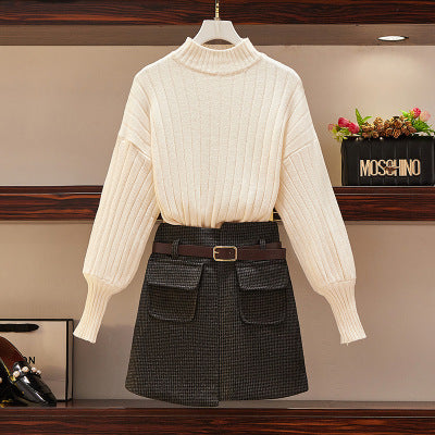 Ribbed Knit Sweater & Houndstooth Mini Skirt Winter Coord Set with Belt
