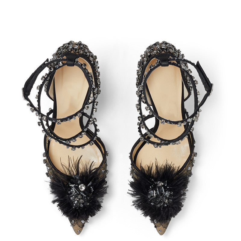 Luxury Black Crystal Embellished Strappy Heels for Women