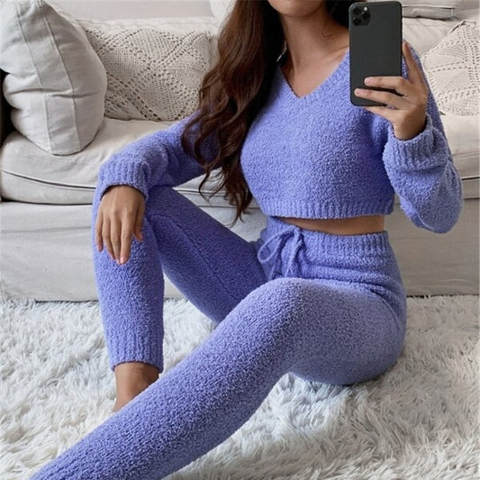 Plush Teddy Fabric V-Neck Pullover & Skinny Pant Winter Coord Set