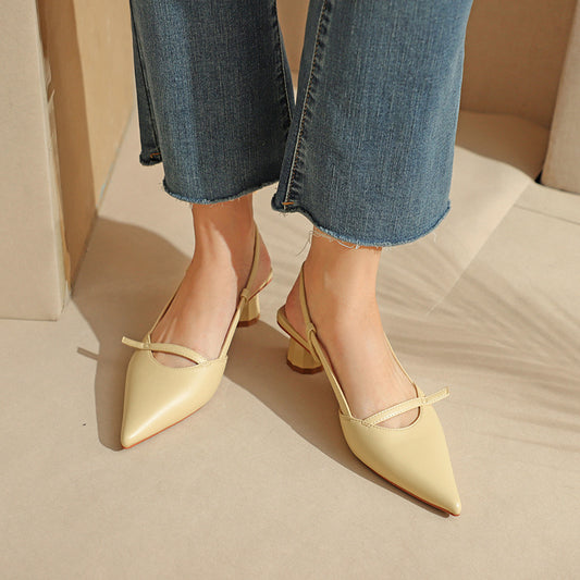 Beige Pointed Toe Slingback Block Heel Sandals