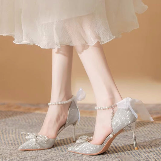Fairy Bow Pearl Sequin High Heels