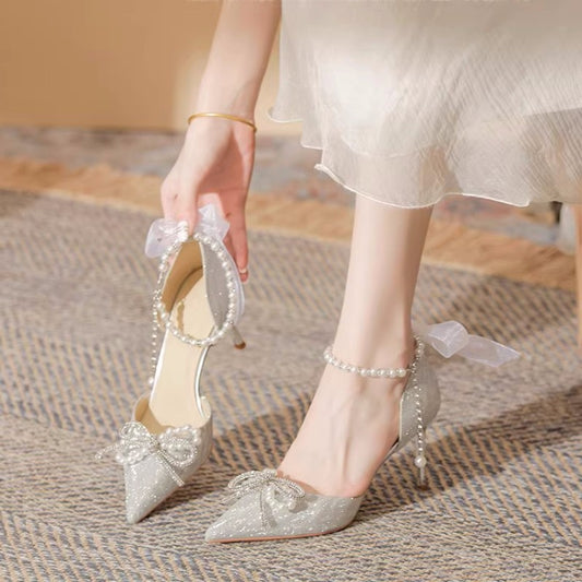 Fairy Bow Pearl Sequin High Heels
