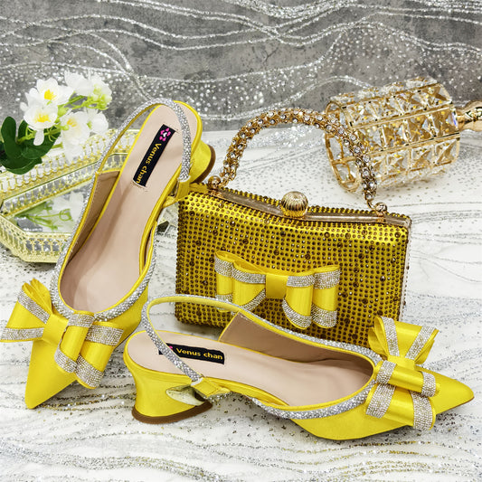 Pointed-Toe Bow Rhinestone Kitten Heel with Bling Handbag
