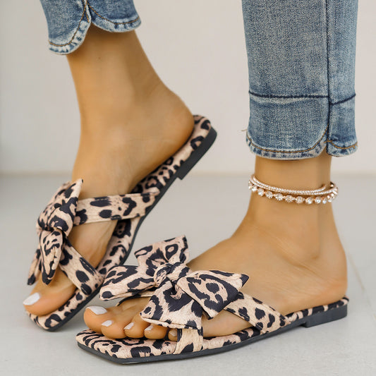Leopard Print Bow-Knot Slip-On Flat Sandals