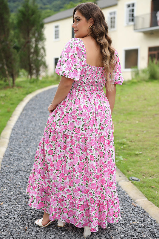 Pink Plus Size Floral Print Smocked Puff Sleeve Dress-Stellar