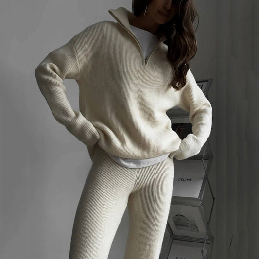 Cream High Neck Zip-Up Sweater and Trouser Winter Coord Set