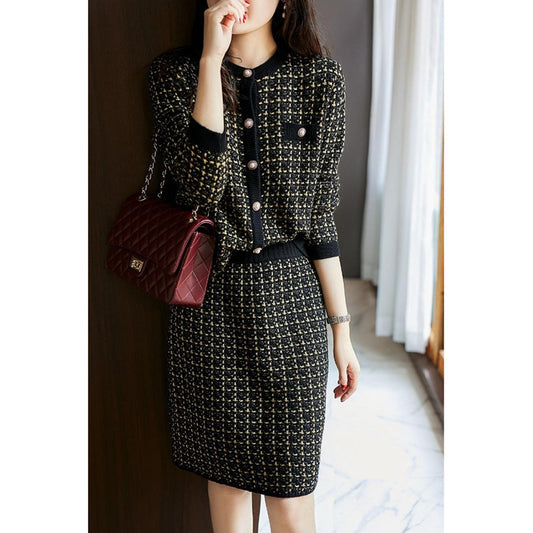 Elegant Knit Cardigan and Pencil Skirt Winter Coord Set with Pearl Buttons